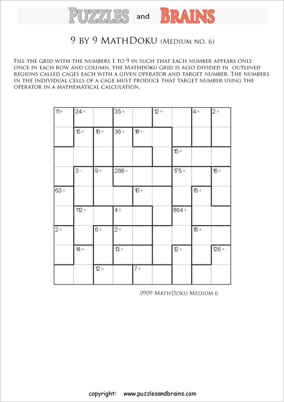 Printable 9 by 9 medium level MathDoku, KenKen like, math puzzles for kids