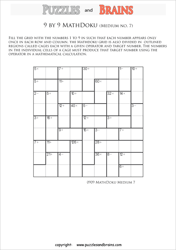 printable 9 by 9 medium level Mathdoku, KenKen-like, math puzzles for young and old