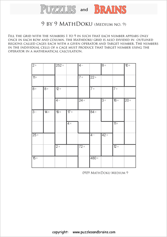 printable 9 by 9 medium level Mathdoku, KenKen-like, math puzzles for young and old