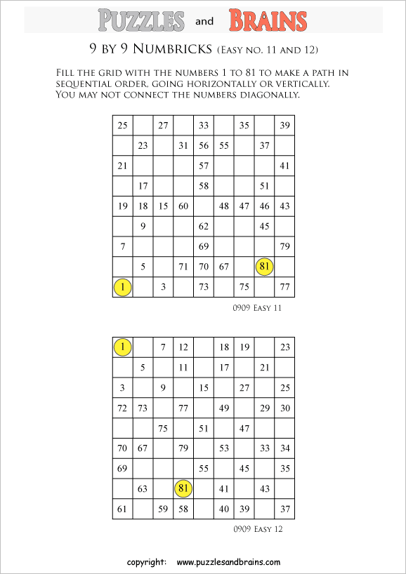 printable easier 9 by 9 Numbrix Number Snake puzzles for young and old