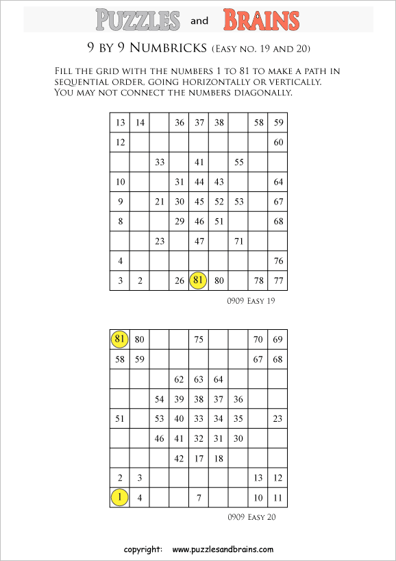 printable easier 9 by 9 Numbrix Number Snake puzzles for young and old