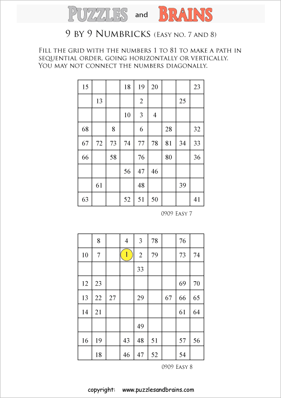 printable easier 9 by 9 numbrix number snake puzzles for