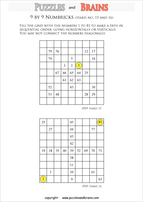 printable 9 by 9 difficult level Numbrix logic IQ puzzles