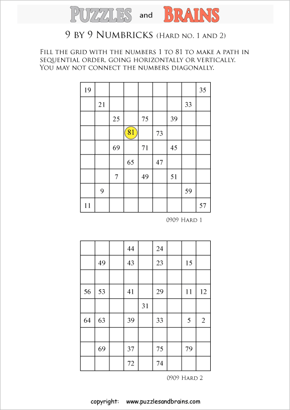 printable 9 by 9 difficult level numbrix logic puzzles for