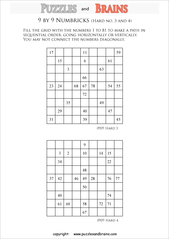 printable 9 by 9 difficult level numbrix logic puzzles for kids and adults