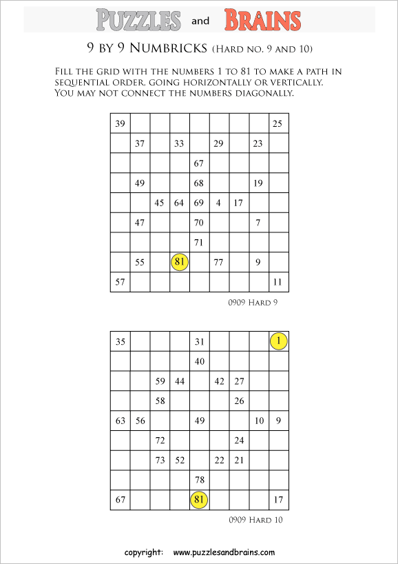 printable 9 by 9 difficult level numbrix logic puzzles for