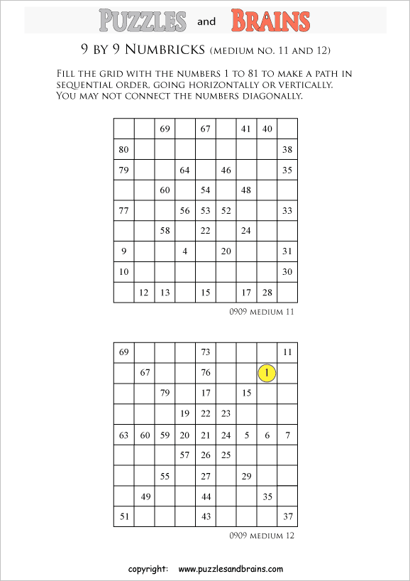 printable 9 by 9 medium level Numbrix logic IQ puzzles