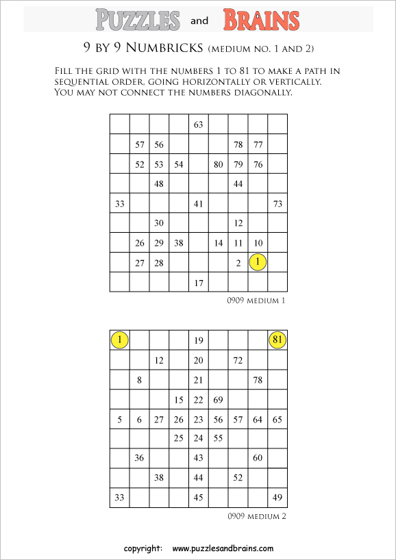 Printable 9 by 9 medium level Numbrix logic puzzles for ...