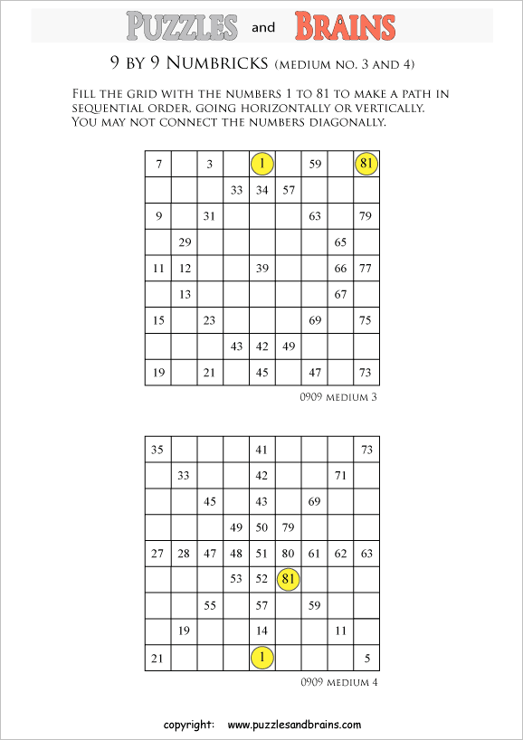 Printable 9 by 9 medium level Numbrix logic puzzles for kids and adults