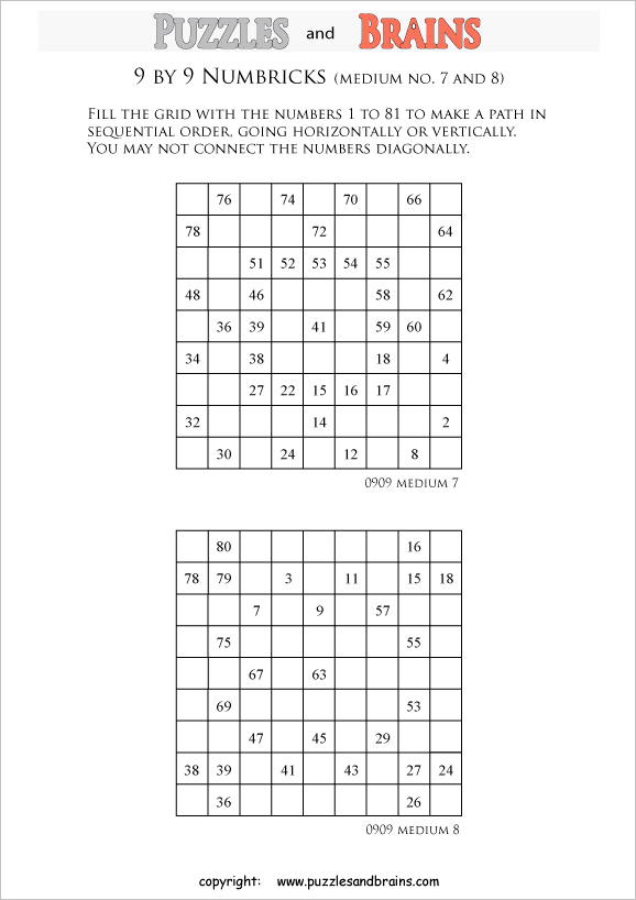 printable 9 by 9 medium level Numbrix logic IQ puzzles