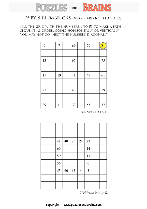 Printable 9 by 9 very difficult level Numbrix logic puzzles for kids