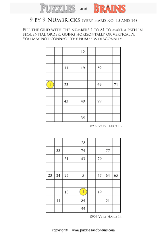 printable 9 by 9 very difficult level numbrix logic puzzles for kids