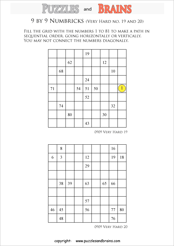 printable 9 by 9 very difficult level numbrix logic puzzles for kids