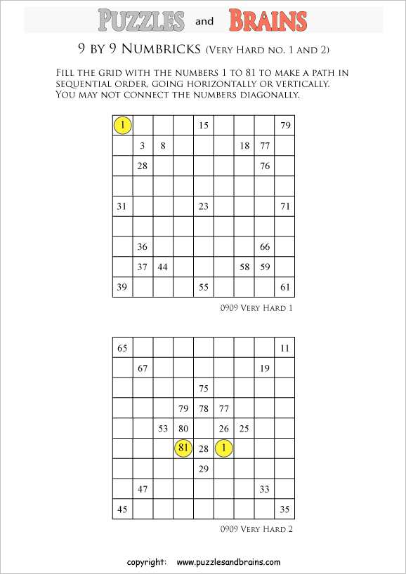 printable 9 by 9 very difficult level numbrix logic puzzles for kids