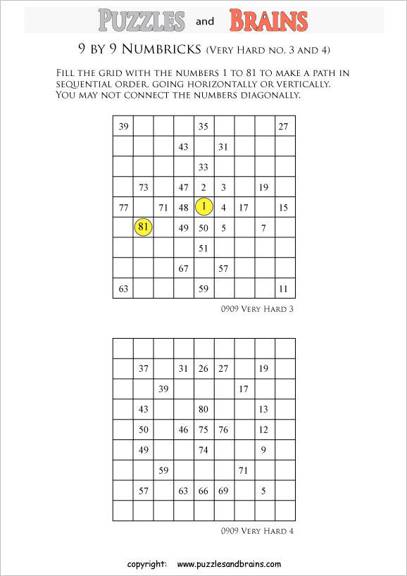 printable 9 by 9 very difficult level numbrix logic