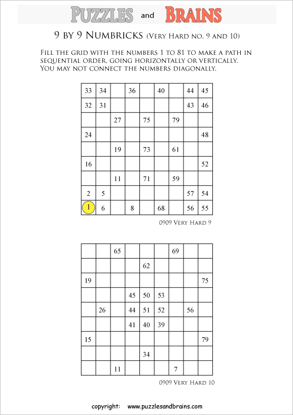 printable 9 by 9 very difficult level numbrix logic