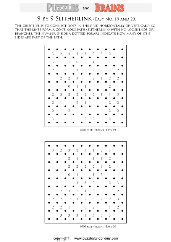 printable Slitherlink logic puzzles for kids and adults