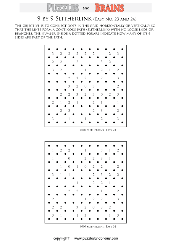 printable Slitherlink logic puzzles for kids and adults