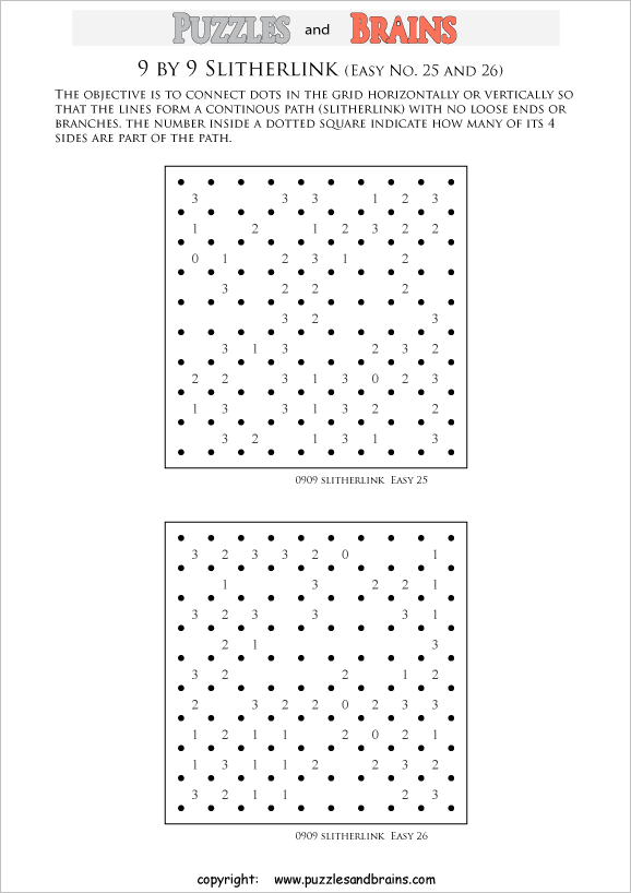 printable Slitherlink logic puzzles for kids and adults