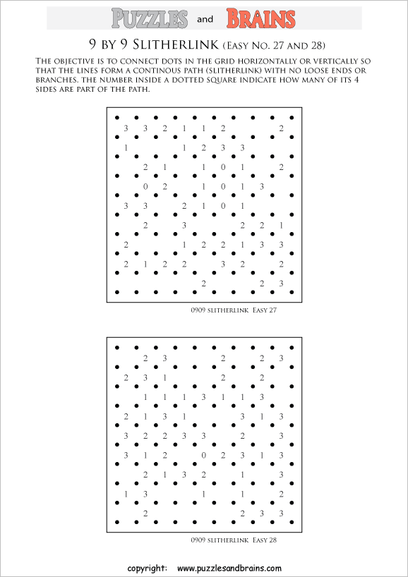 printable Slitherlink logic puzzles for kids and adults