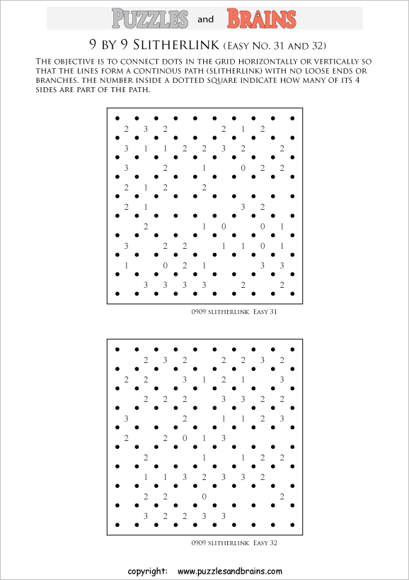 printable Slitherlink logic puzzles for kids and adults