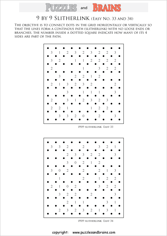 printable Slitherlink logic puzzles for kids and adults