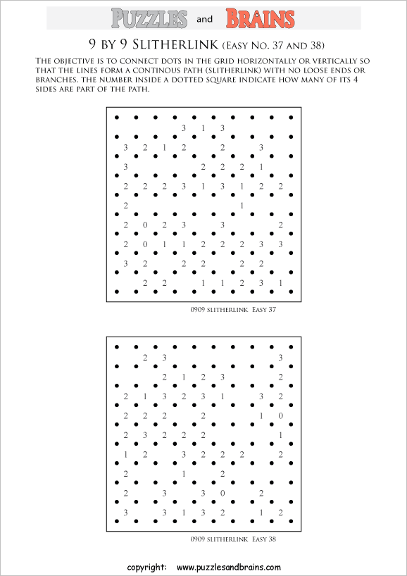 printable Slitherlink logic puzzles for kids and adults