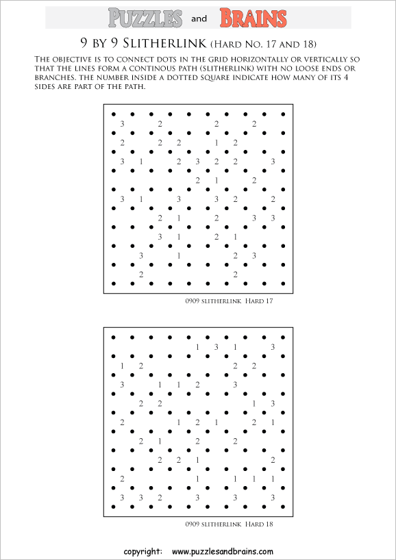 printable 9 by 9 difficult level Slitherlink logic puzzles for kids and adults