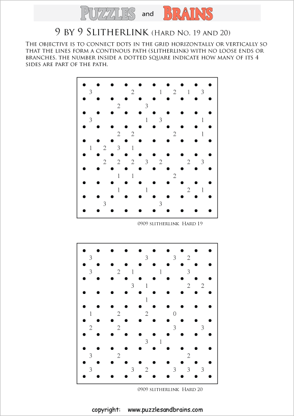 printable 9 by 9 difficult level Slitherlink logic puzzles for kids and adults