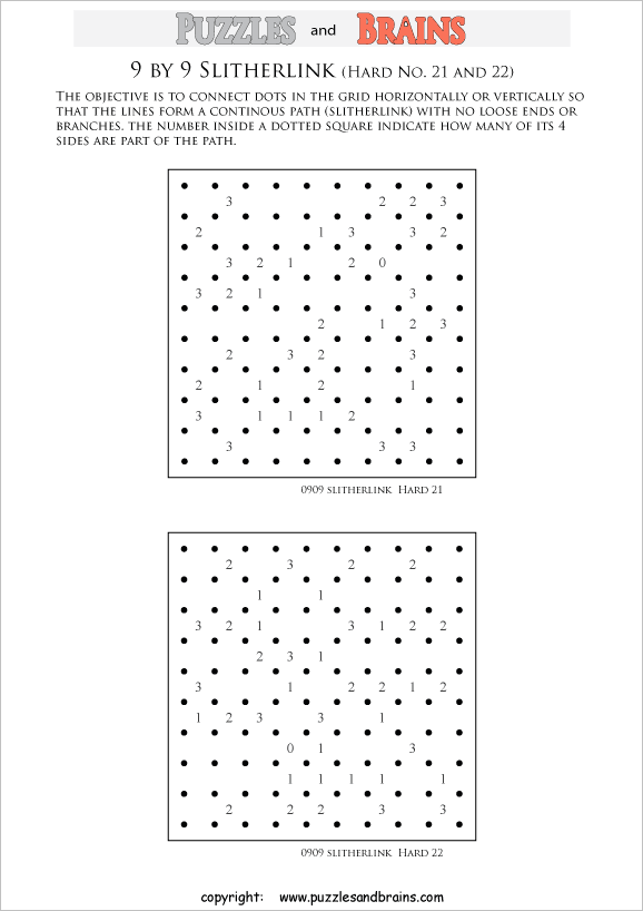 printable 9 by 9 difficult level Slitherlink logic puzzles for kids and adults