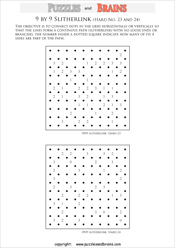 printable 9 by 9 difficult level Slitherlink logic puzzles for kids and adults