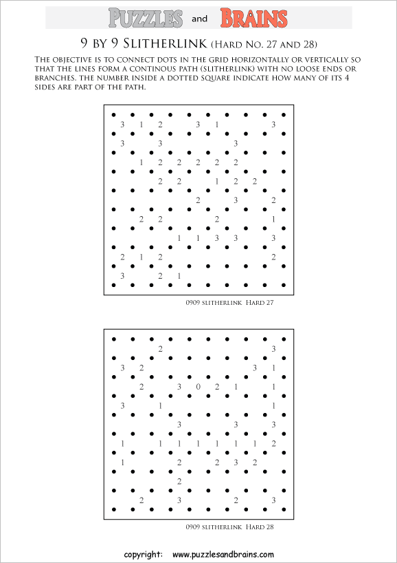 printable 9 by 9 difficult level slitherlink logic puzzles for kids and