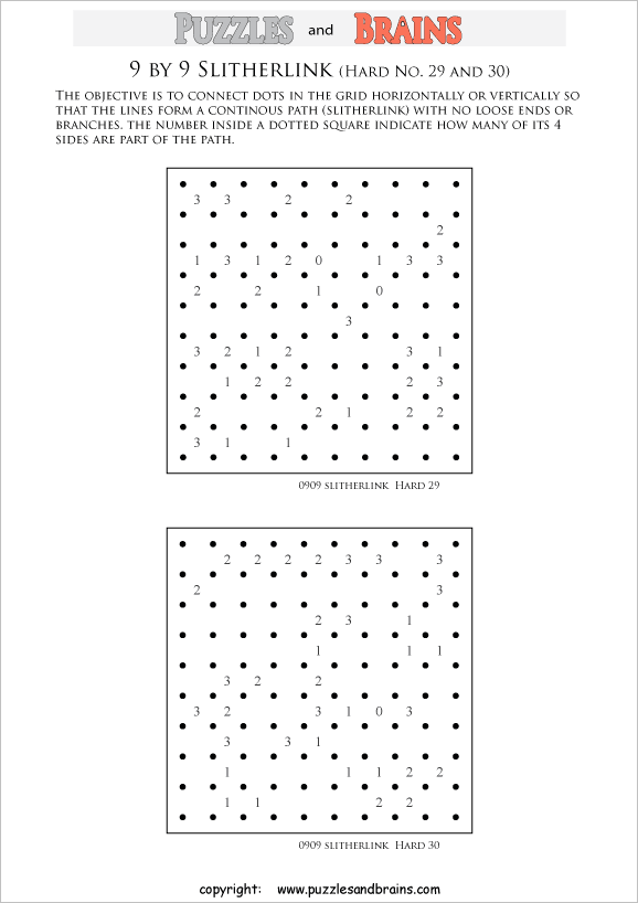 printable 9 by 9 difficult level Slitherlink logic puzzles for kids and adults