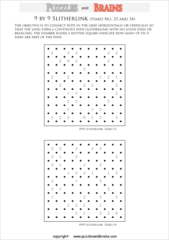 printable 9 by 9 difficult level Slitherlink logic puzzles for kids and adults