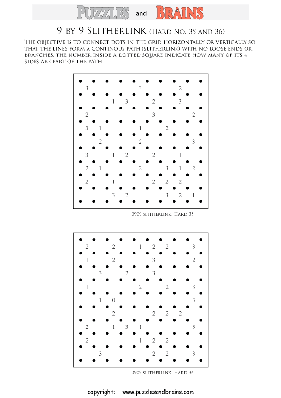 printable 9 by 9 difficult level Slitherlink logic puzzles for kids and adults