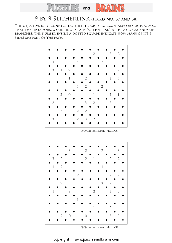 printable 9 by 9 difficult level Slitherlink logic puzzles for kids and adults