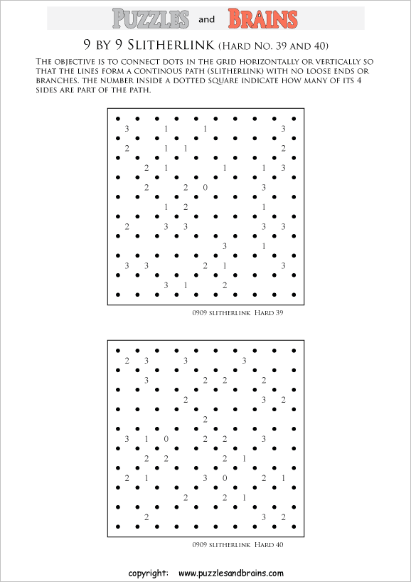 printable 9 by 9 difficult level Slitherlink logic puzzles for kids and adults