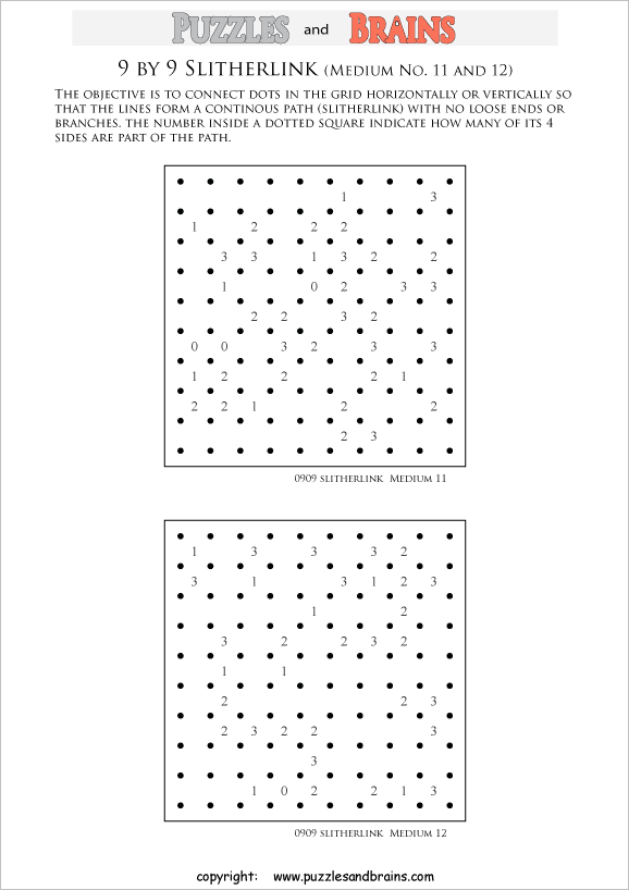 printable 9 by 9 medium level Slitherlink logic puzzles for kids and adults