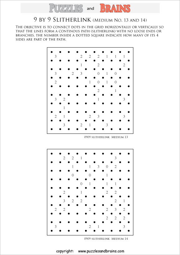 printable 9 by 9 medium level Slitherlink logic puzzles for kids and adults