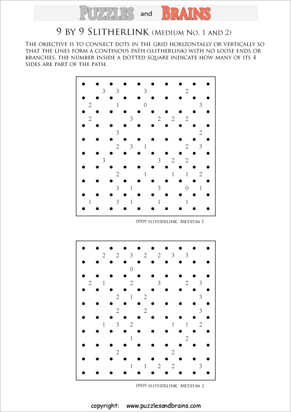 printable 9 by 9 medium level Slitherlink logic puzzles for kids and adults