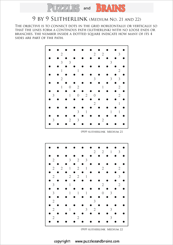 printable 9 by 9 medium level Slitherlink logic puzzles for kids and adults