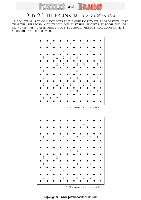 printable 9 by 9 medium level Slitherlink logic puzzles for kids and adults