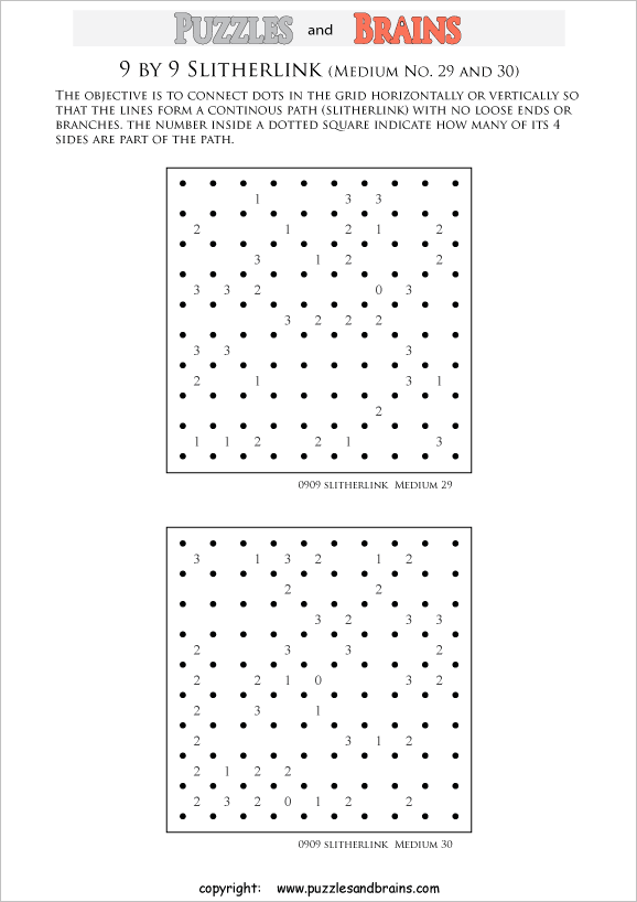 printable 9 by 9 medium level Slitherlink logic puzzles for kids and adults