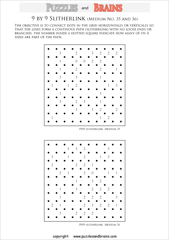 printable 9 by 9 medium level Slitherlink logic puzzles for kids and adults