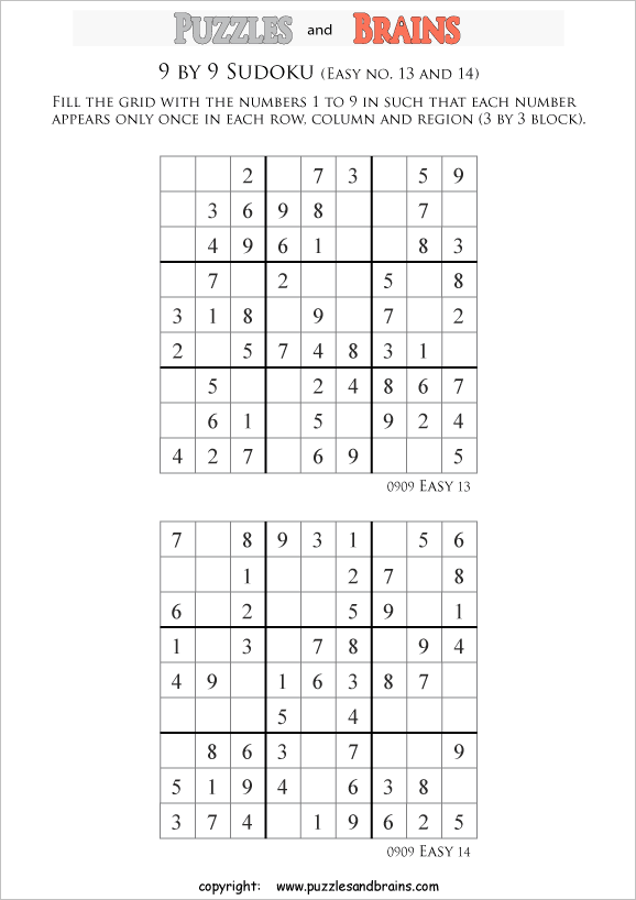 printable easier 9 by 9 sudoku puzzles