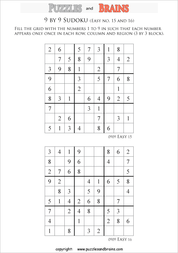 printable easier 9 by 9 Sudoku puzzles