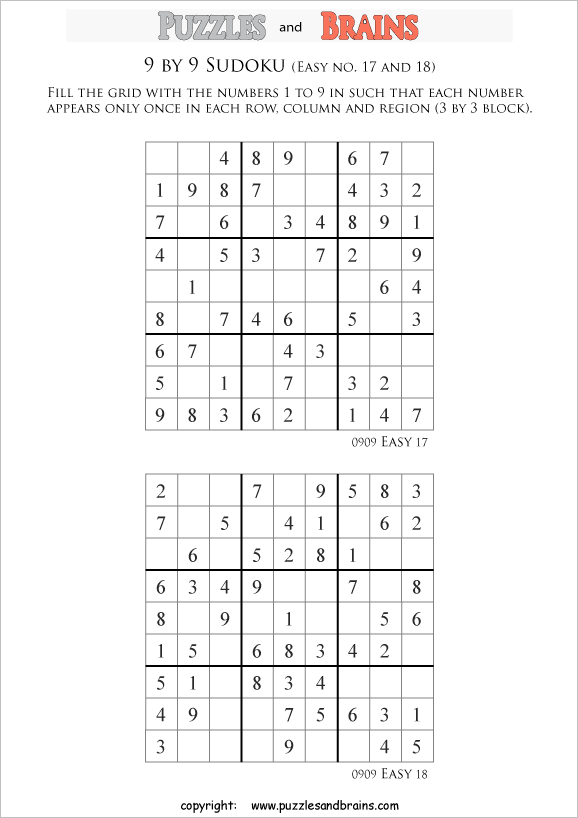 printable easier 9 by 9  Sudoku puzzles