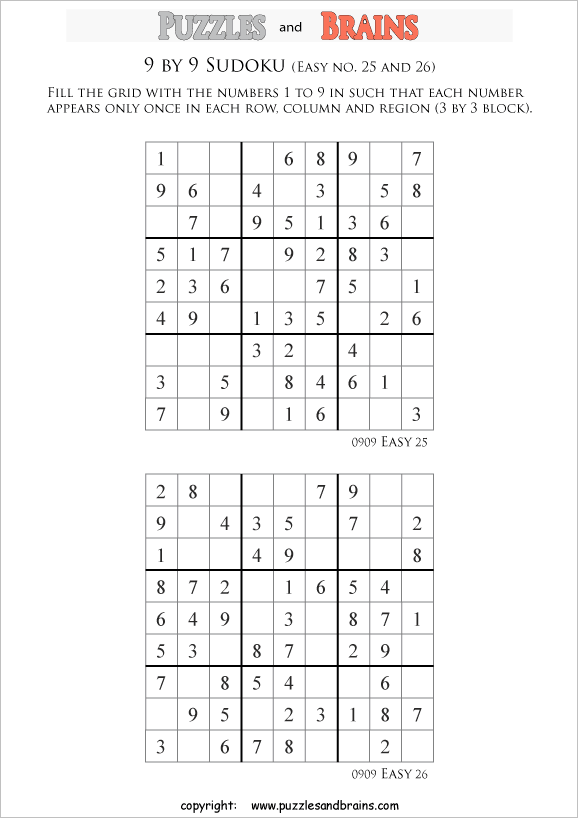 printable easier 9 by 9  Sudoku puzzles