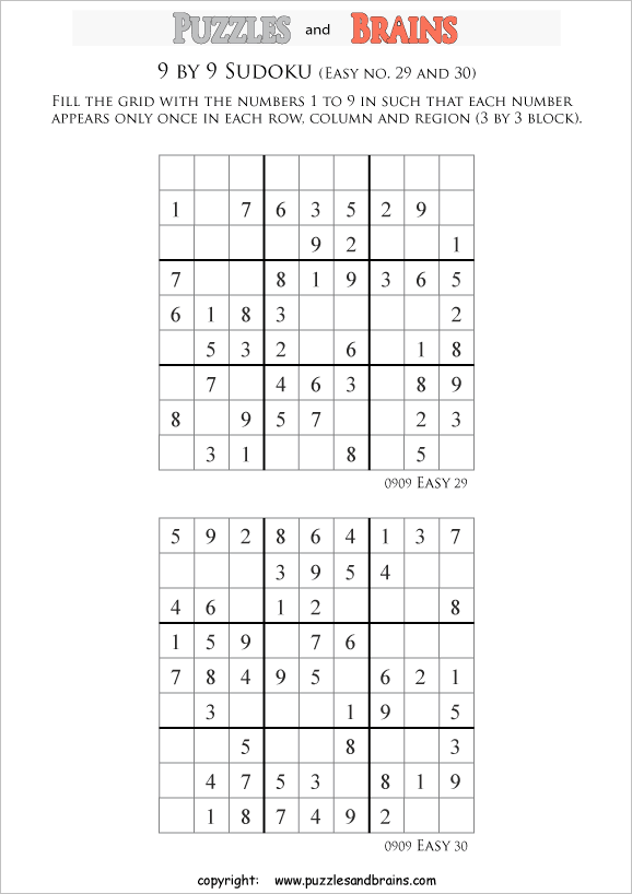 printable easier 9 by 9  Sudoku puzzles