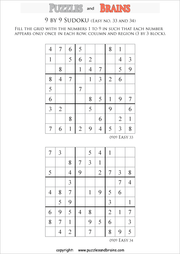 printable 9 by 9 sudoku puzzles for kids beginners and profs